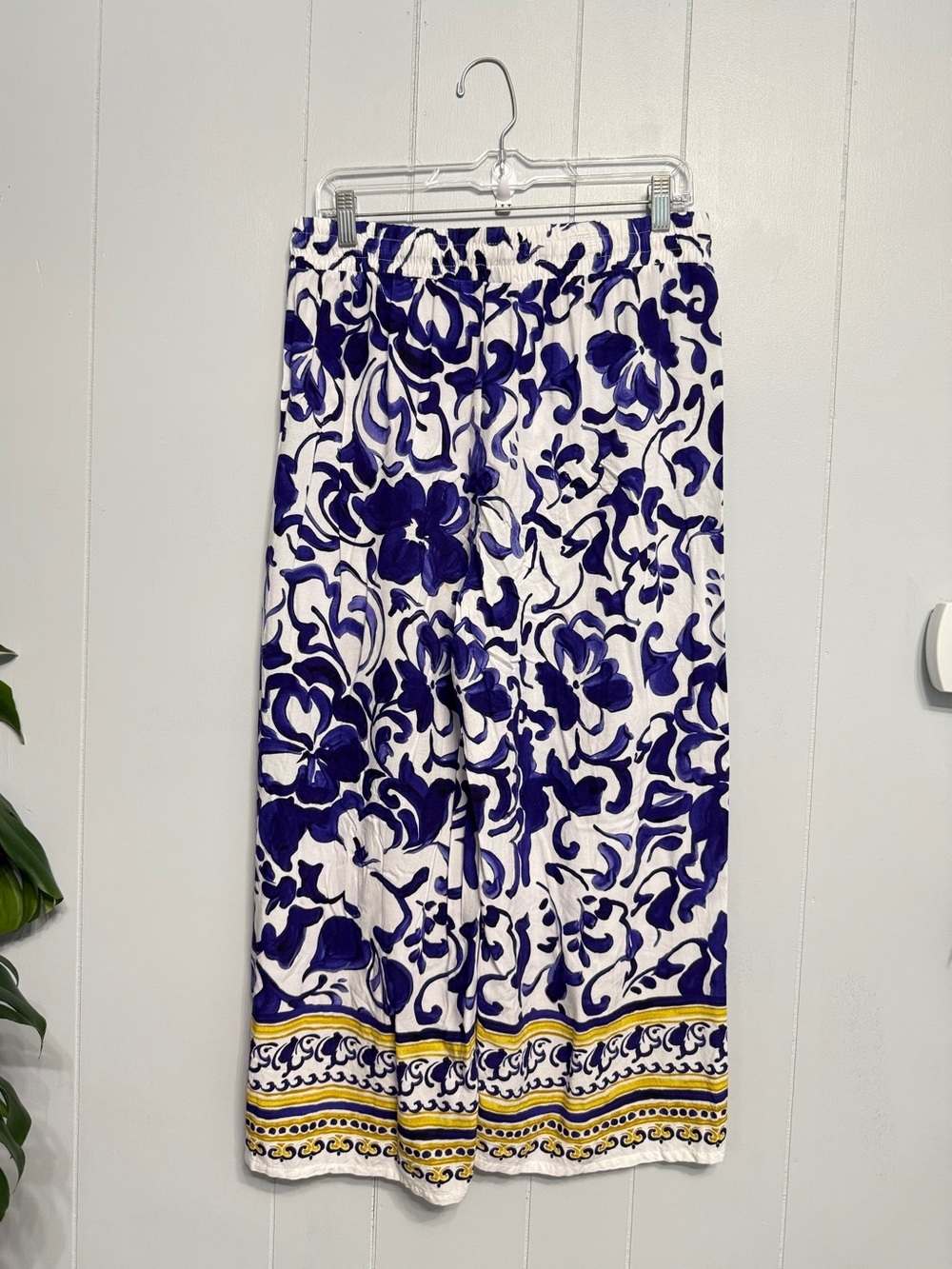 Mlle Gabrielle White and Blue Wide-Leg Pants with Yellow Border